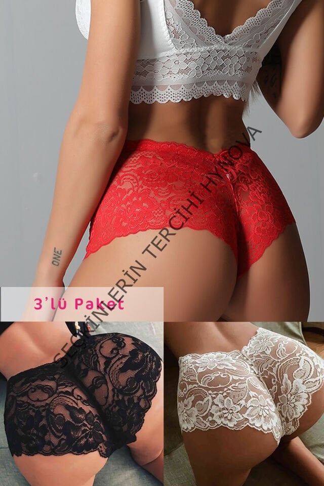 Kadın Siyah Beyaz Kırmızı 3'lü Paket Dantel Tanga Şort Külot – Modern ve Şık Tasarım