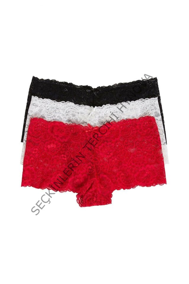 Kadın Siyah Beyaz Kırmızı 3'lü Paket Dantel Tanga Şort Külot – Modern ve Şık Tasarım