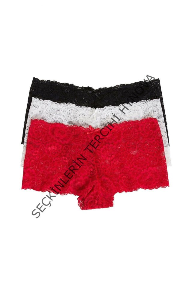 Kadın Siyah Beyaz Kırmızı 3'lü Paket Dantel Tanga Şort Külot – Modern ve Şık Tasarım