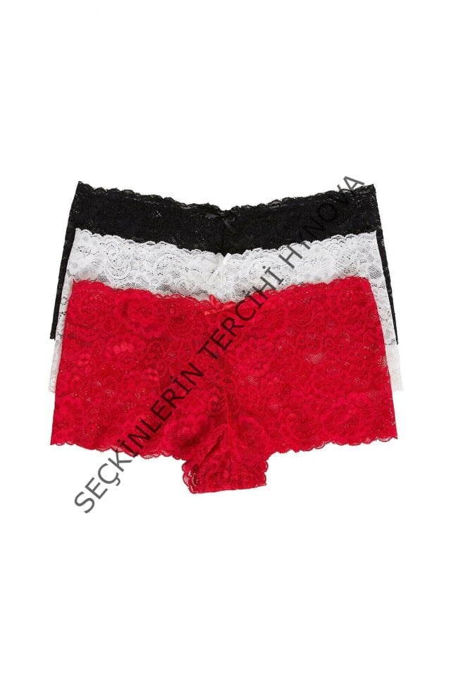Kadın Siyah Beyaz Kırmızı 3'lü Paket Dantel Tanga Şort Külot – Modern ve Şık Tasarım