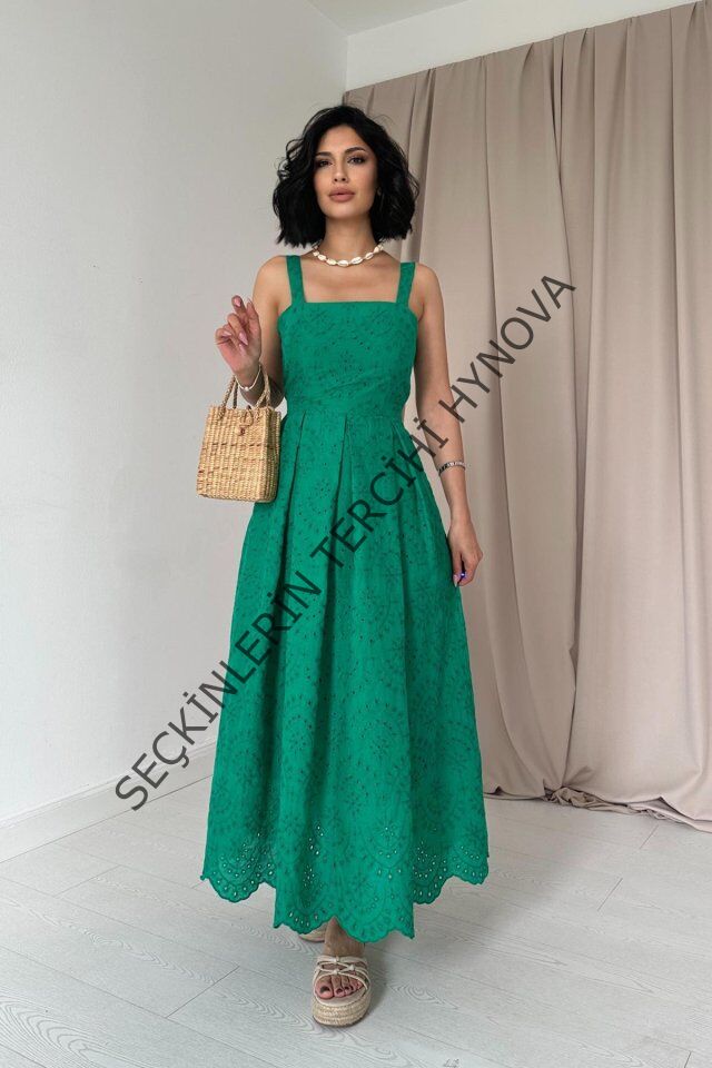 Yeşil Askılı Aparatlı Brode Elbise