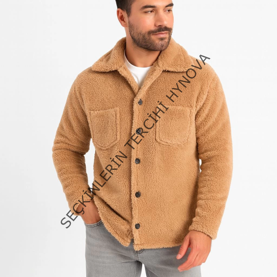 Erkek Pelüş Polar Hırka Gömlek – Yakalı, İlik Düğmeli, Göğüs Cepli, Yumuşak Dokulu Kışlık Regular Fit Rahat Günlük Model - Açık Kahve