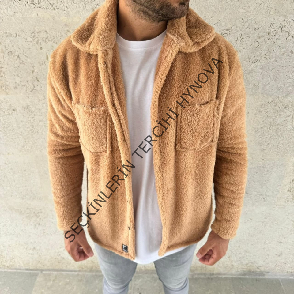 Erkek Pelüş Polar Hırka Gömlek – Yakalı, İlik Düğmeli, Göğüs Cepli, Yumuşak Dokulu Kışlık Regular Fit Rahat Günlük Model - Açık Kahve