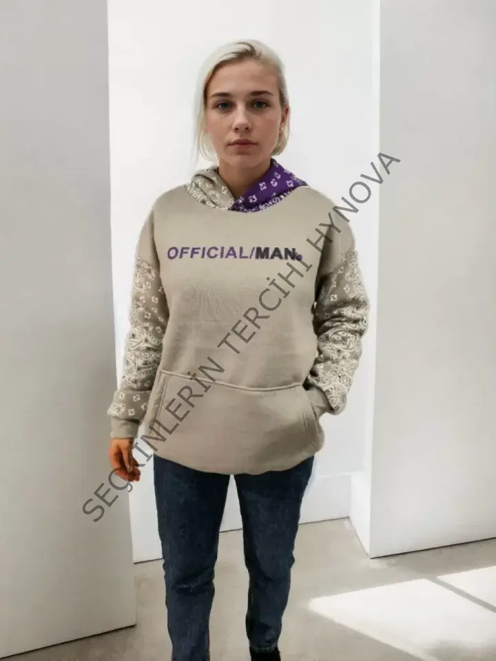 Baskılı Kapüşonlu Sweatshirt - Gri
