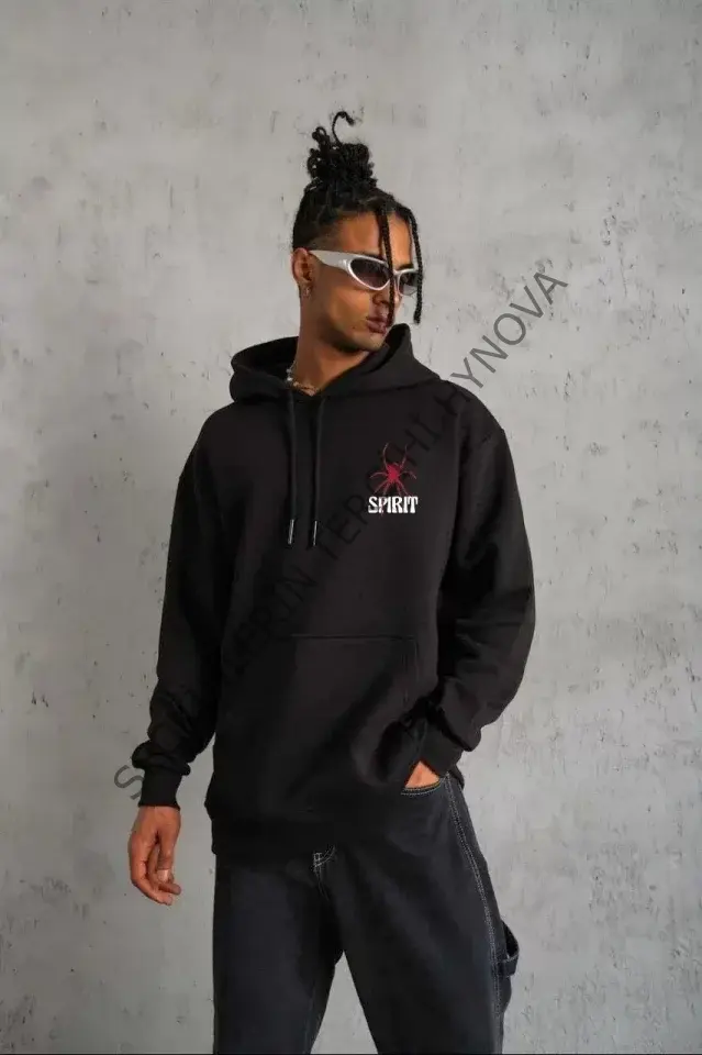 Unisex Kapşonlu Baskılı Sweetshirt - Siyah