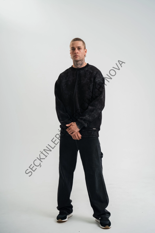 Unisex Bisiklet Yaka Özel Pis Dikişli Yıkamalı SweatShirt - Siyah