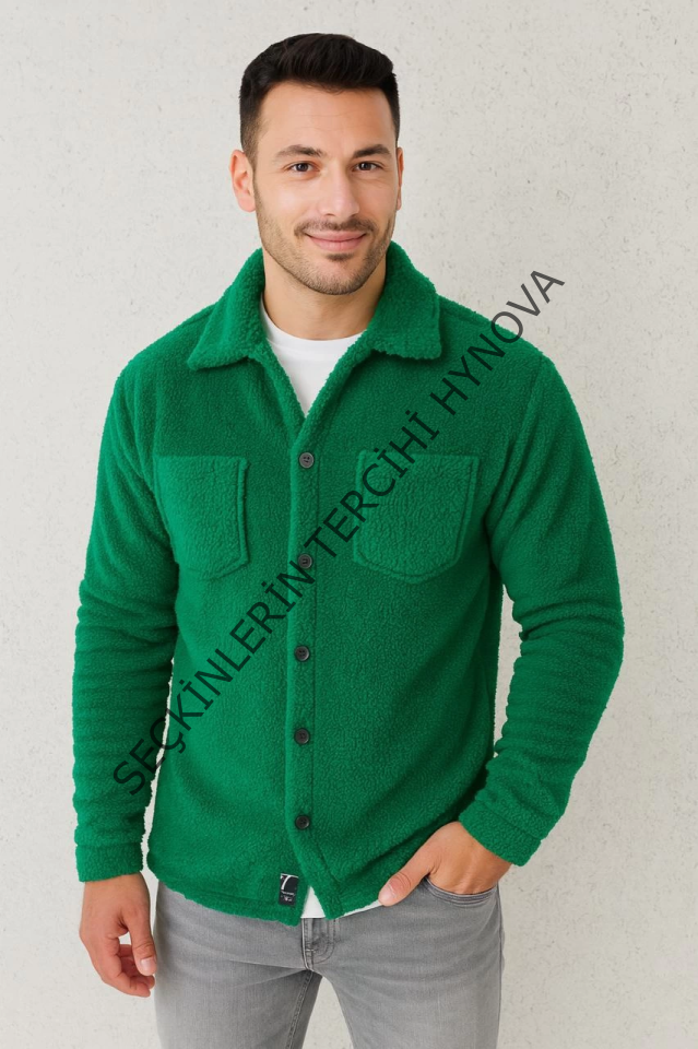 Erkek Pelüş Polar Hırka Gömlek – Yakalı, İlik Düğmeli, Göğüs Cepli, Yumuşak Dokulu Kışlık Regular Fit Rahat Günlük Model - Çimen Yeşili