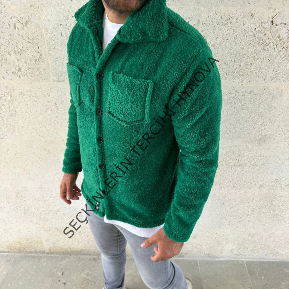 Erkek Pelüş Polar Hırka Gömlek – Yakalı, İlik Düğmeli, Göğüs Cepli, Yumuşak Dokulu Kışlık Regular Fit Rahat Günlük Model - Çimen Yeşili