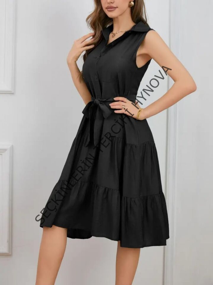 Kadın Kısa Kollu Gömlek Yaka Düğmeli Beli Kuşaklı Katlı Dokuma Midi Elbise