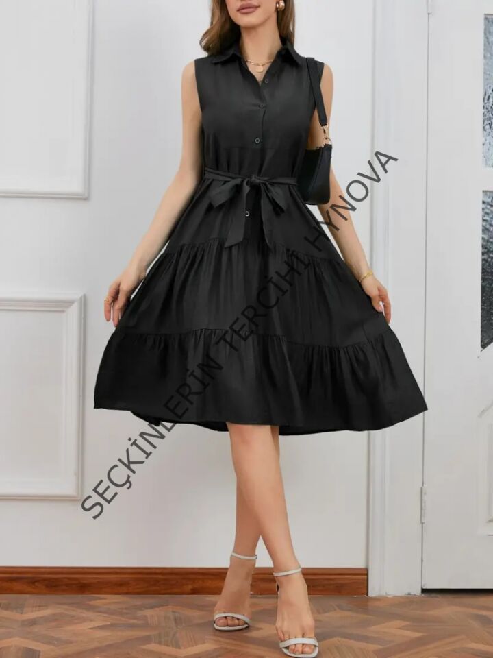 Kadın Kısa Kollu Gömlek Yaka Düğmeli Beli Kuşaklı Katlı Dokuma Midi Elbise