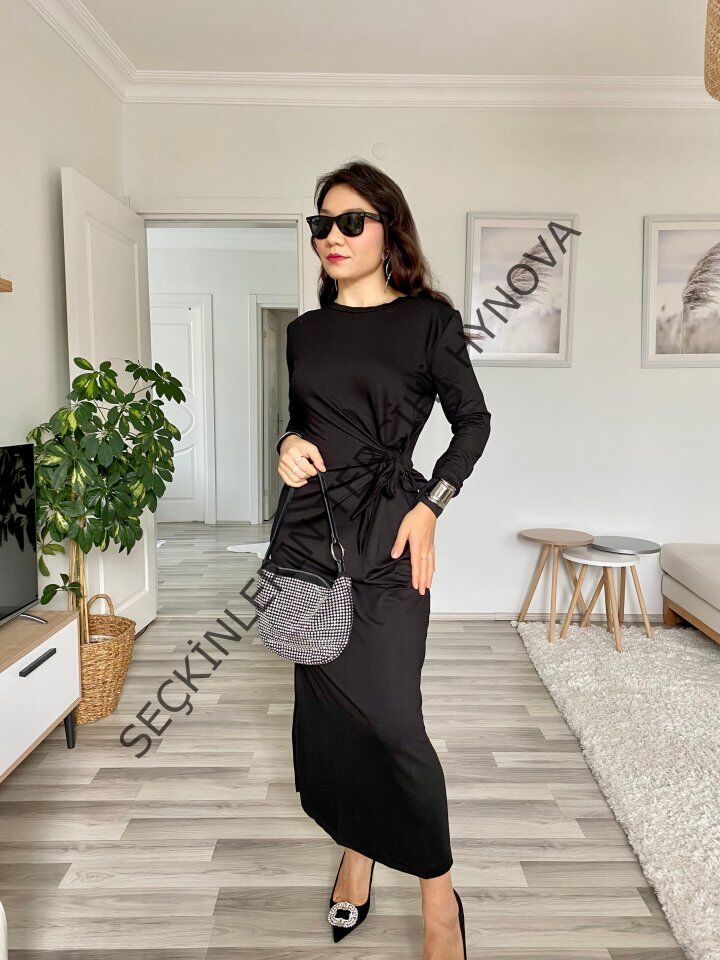 Kadın Uzun Kollu Bisiklet Yaka Belden çapraz Bağlamalı Yandan Yırtmaçlı Uzun Viskon Iki Iplik Elbise