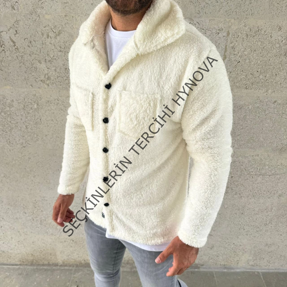 Erkek Pelüş Polar Hırka Gömlek – Yakalı, İlik Düğmeli, Göğüs Cepli, Yumuşak Dokulu Kışlık Regular Fit Rahat Günlük Model - Beyaz