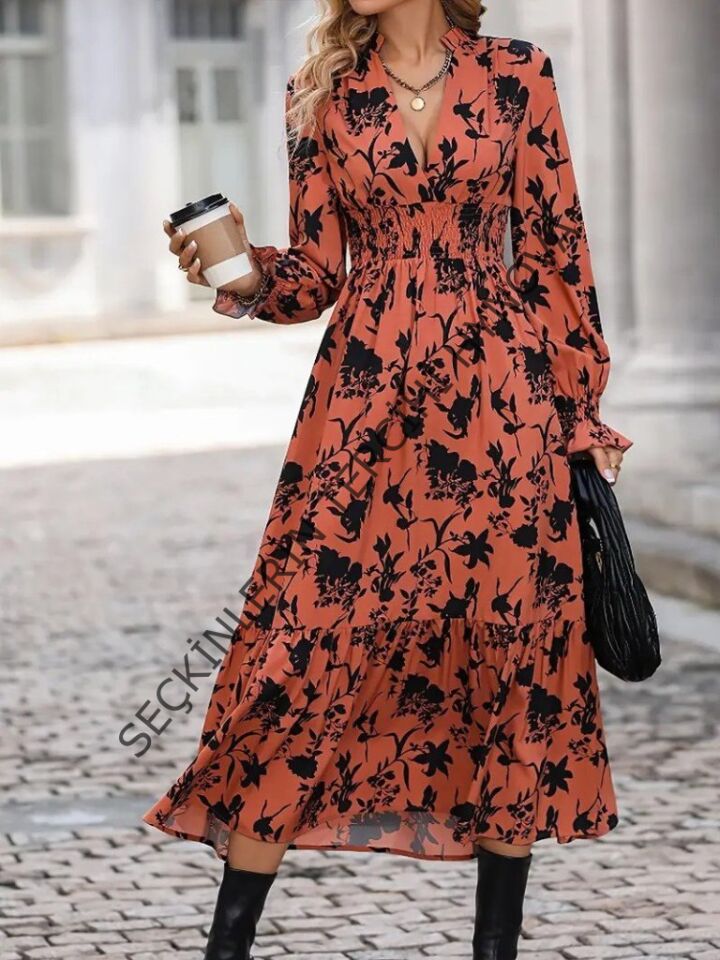 Kadın Uzun Kollu Kruvaze Yakalı çiçek Desenli Maksi Süprem Elbise