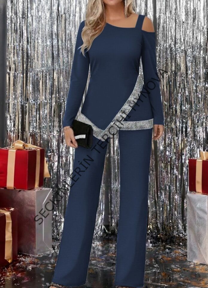 Kadın Tek Omuzdan Açık Uzun Kollu önü Pulpayet Ithal Krep Bluz Ve Pantolon