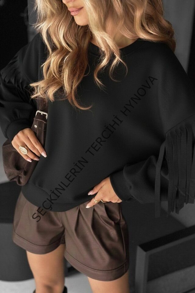 Kadın Uzun Kollu Bisiklet Yaka Kolları Püsküllü Modal Bluz