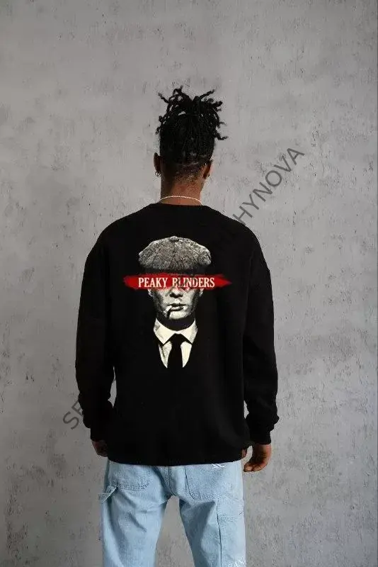 Unisex Bisiklet Yaka Baskılı Oversize Sweatshirt - Siyah