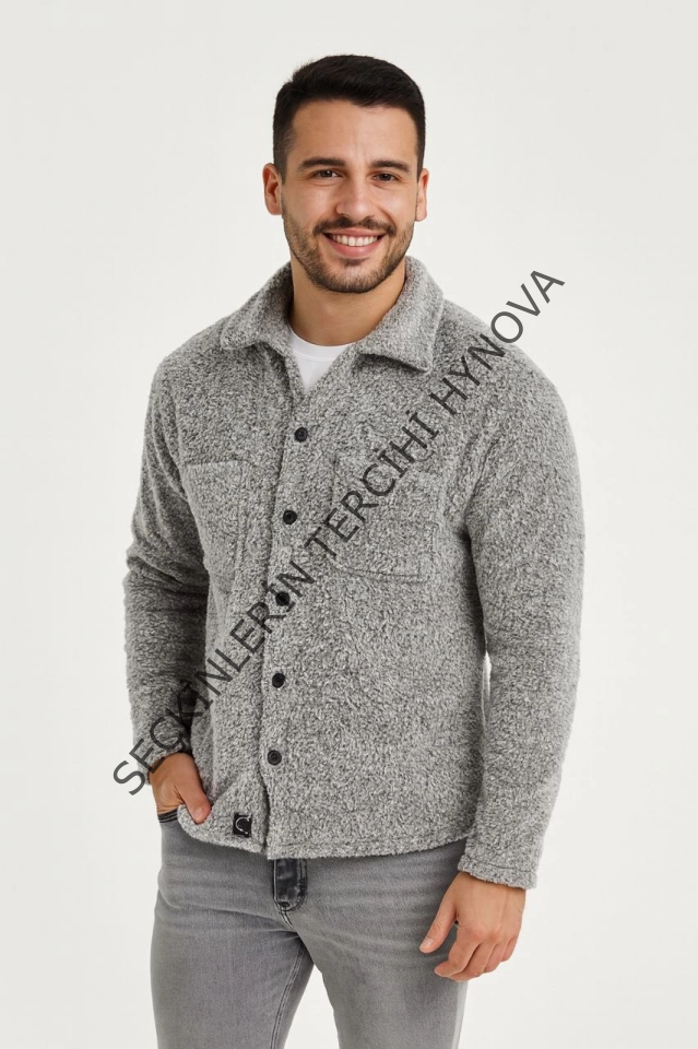 Erkek Pelüş Polar Hırka Gömlek – Yakalı, İlik Düğmeli, Göğüs Cepli, Yumuşak Dokulu Kışlık Regular Fit Rahat Günlük Model - Gri