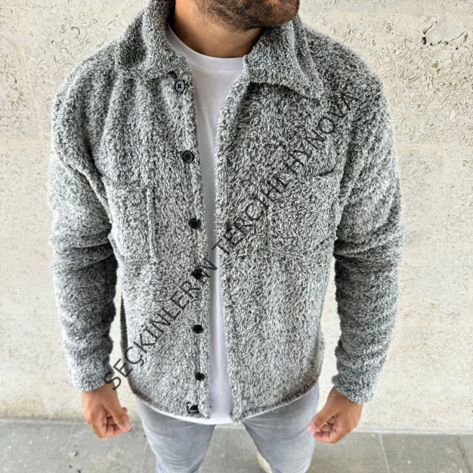 Erkek Pelüş Polar Hırka Gömlek – Yakalı, İlik Düğmeli, Göğüs Cepli, Yumuşak Dokulu Kışlık Regular Fit Rahat Günlük Model - Gri