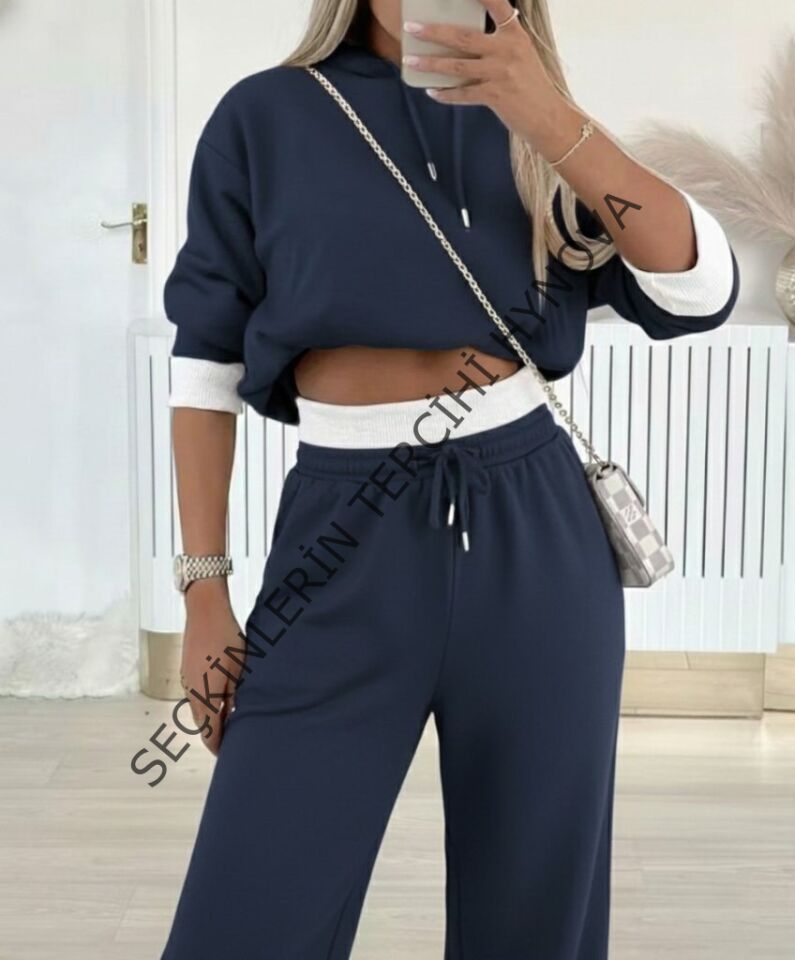 Kadın Uzun Kollu Kapşonlu Viskon Iki Iplik Füme Bluz Ve Pantolon Ikili Takım