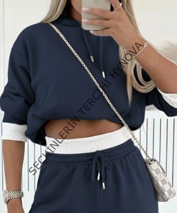 Kadın Uzun Kollu Kapşonlu Viskon Iki Iplik Füme Bluz Ve Pantolon Ikili Takım