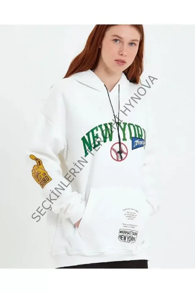 Baskılı Kapüşonlu Sweatshirt - Beyaz