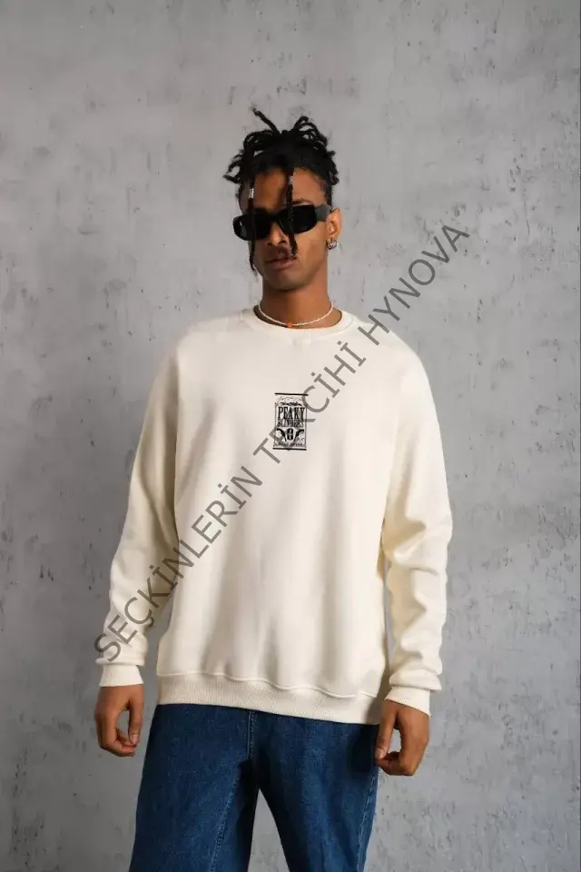 Unisex Bisiklet Yaka Baskılı Oversize Sweatshirt - Beyaz