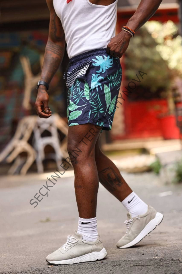 Erkek Palmiye Desenli Deniz Cepli Şort - Mavi