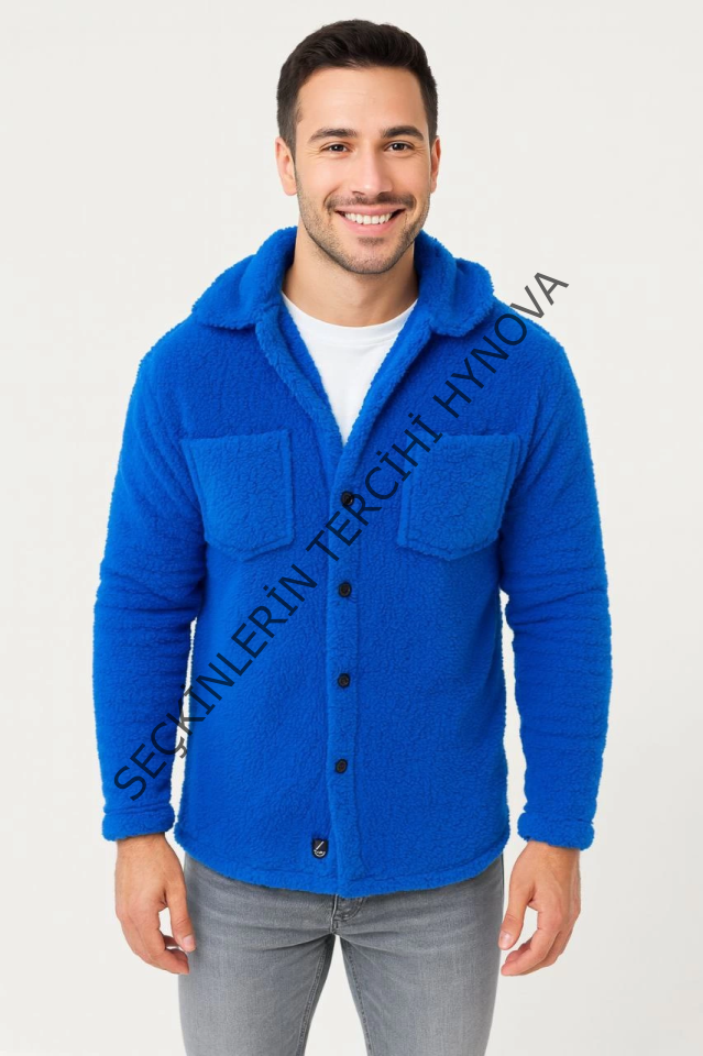 Erkek Pelüş Polar Hırka Gömlek – Yakalı, İlik Düğmeli, Göğüs Cepli, Yumuşak Dokulu Kışlık Regular Fit Rahat Günlük Model - Saks Mavisi