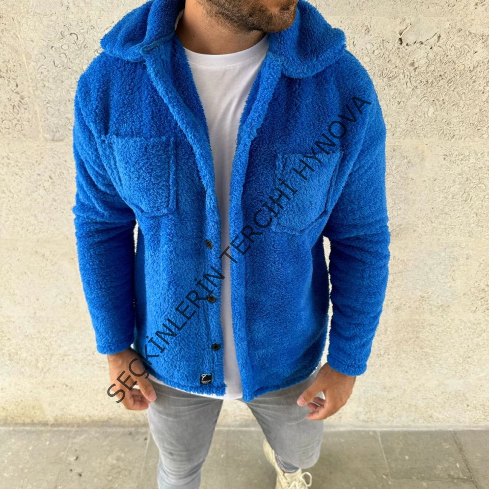 Erkek Pelüş Polar Hırka Gömlek – Yakalı, İlik Düğmeli, Göğüs Cepli, Yumuşak Dokulu Kışlık Regular Fit Rahat Günlük Model - Saks Mavisi