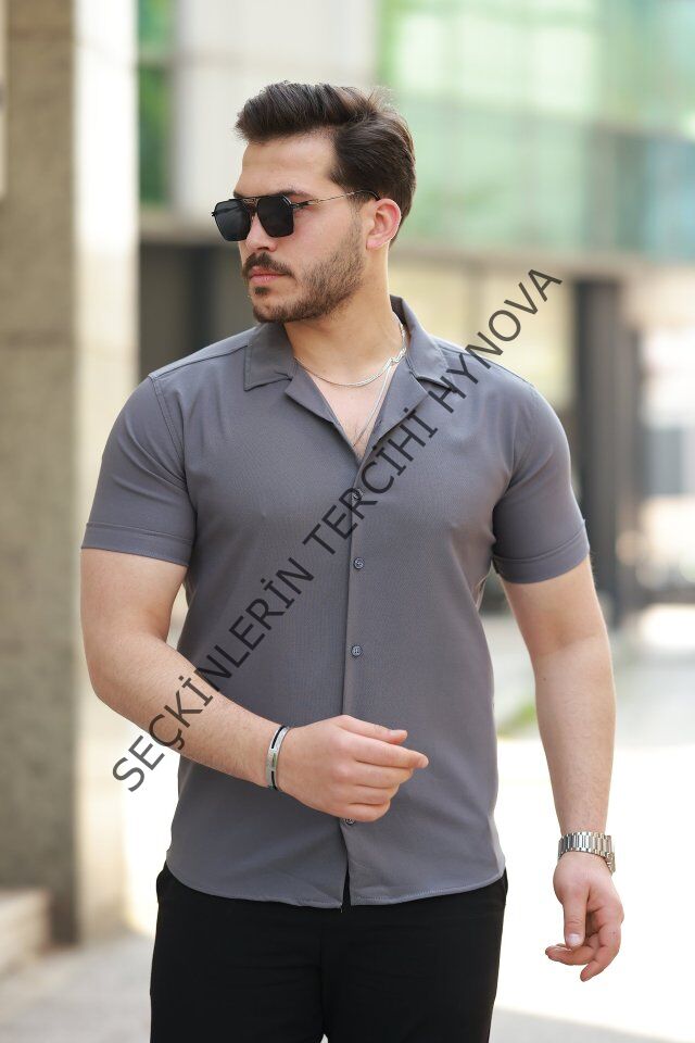 Erkek Apaj Yaka Kısa Kollu Gömlek