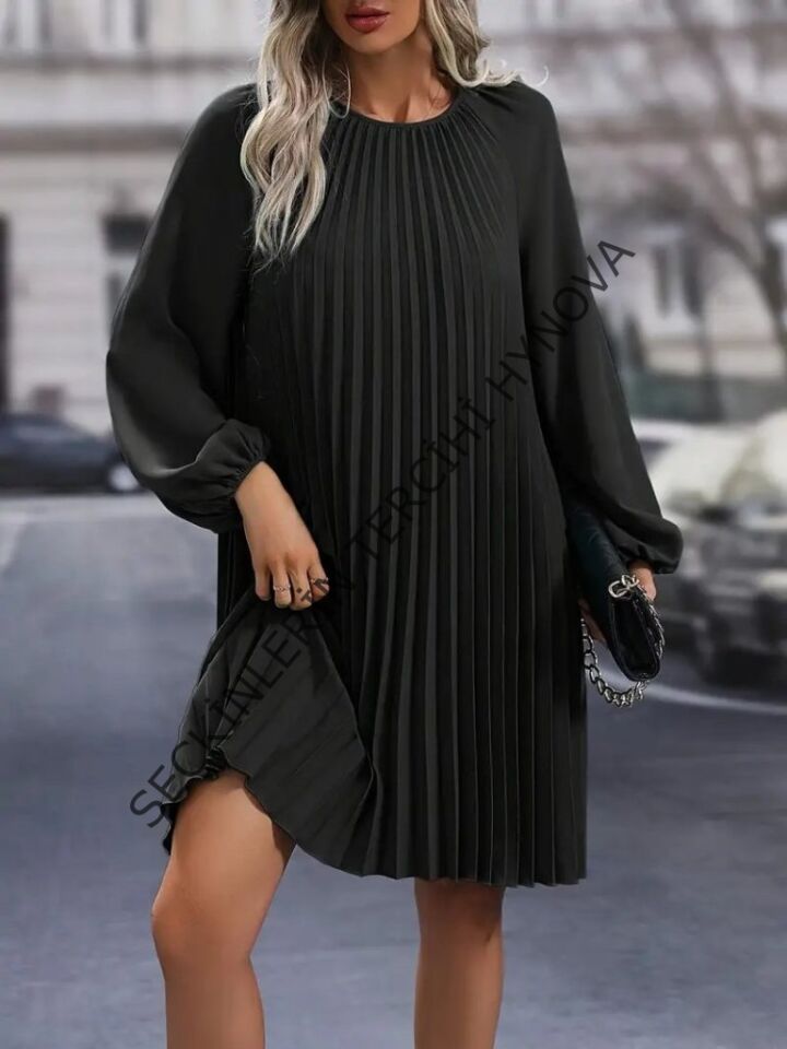 Kadın Uzun Kollu Yuvarlak Yaka Pileli Salaş Mini Ithal Krep Elbise