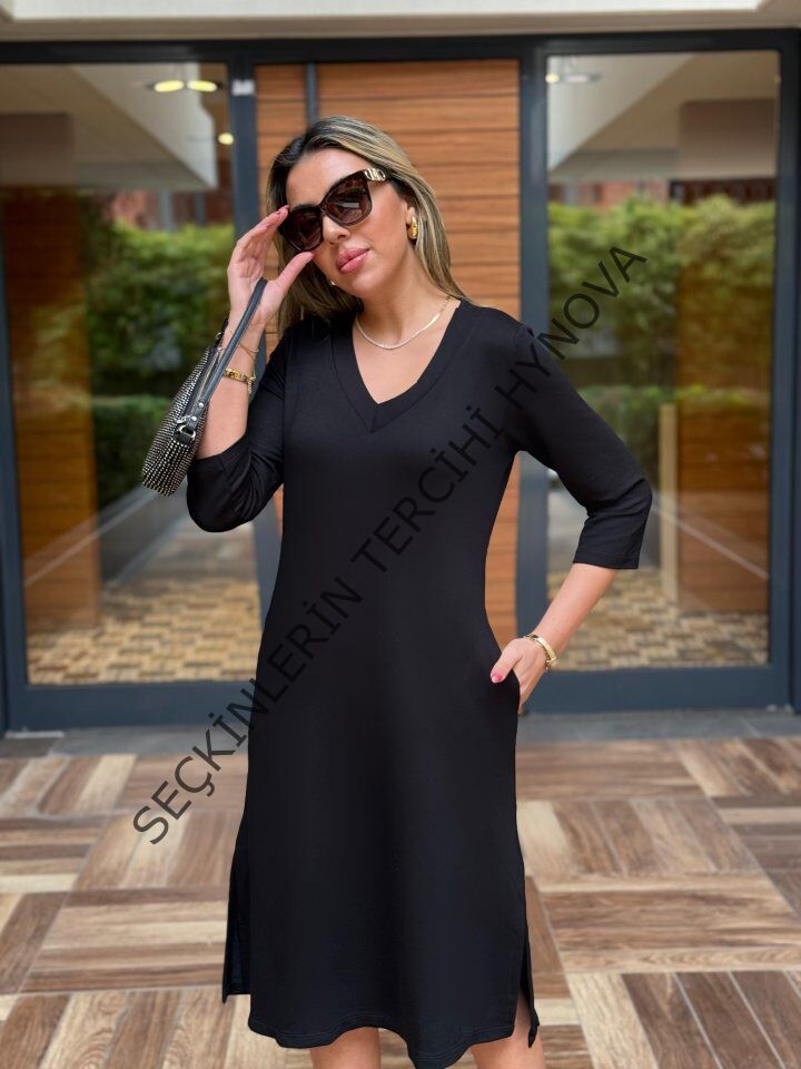 Kadın Uzun Kollu V Yakalı Yanlardan Yırtmaçlı Viskon Iki Iplik Midi Elbise
