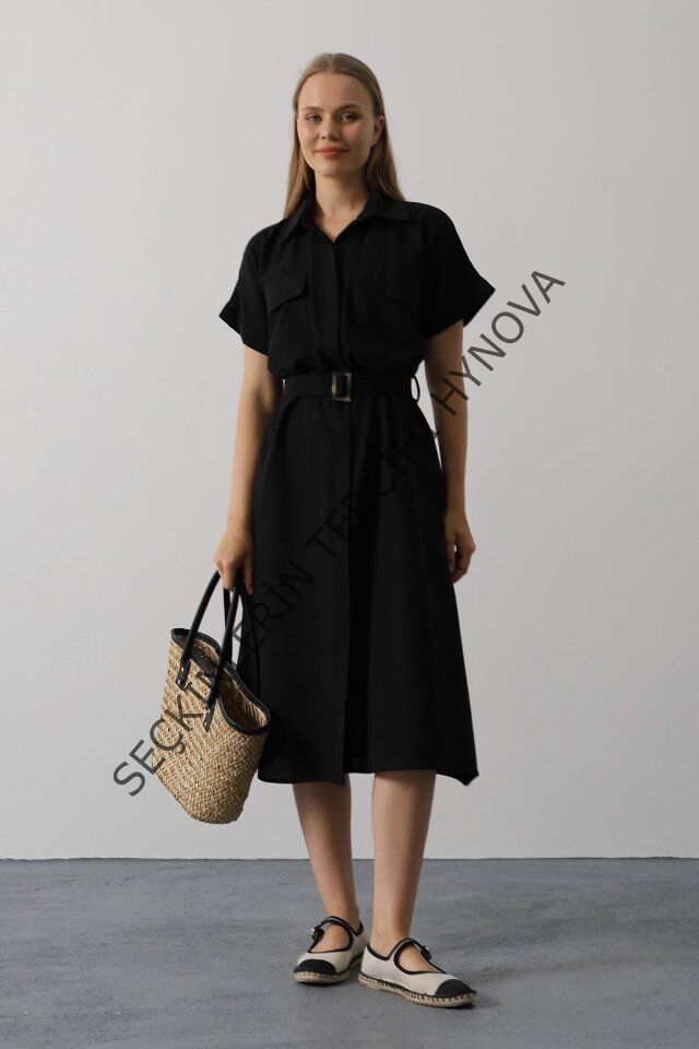 Kuşaklı Cep Detaylı Yarım Kol Elbise - Siyah