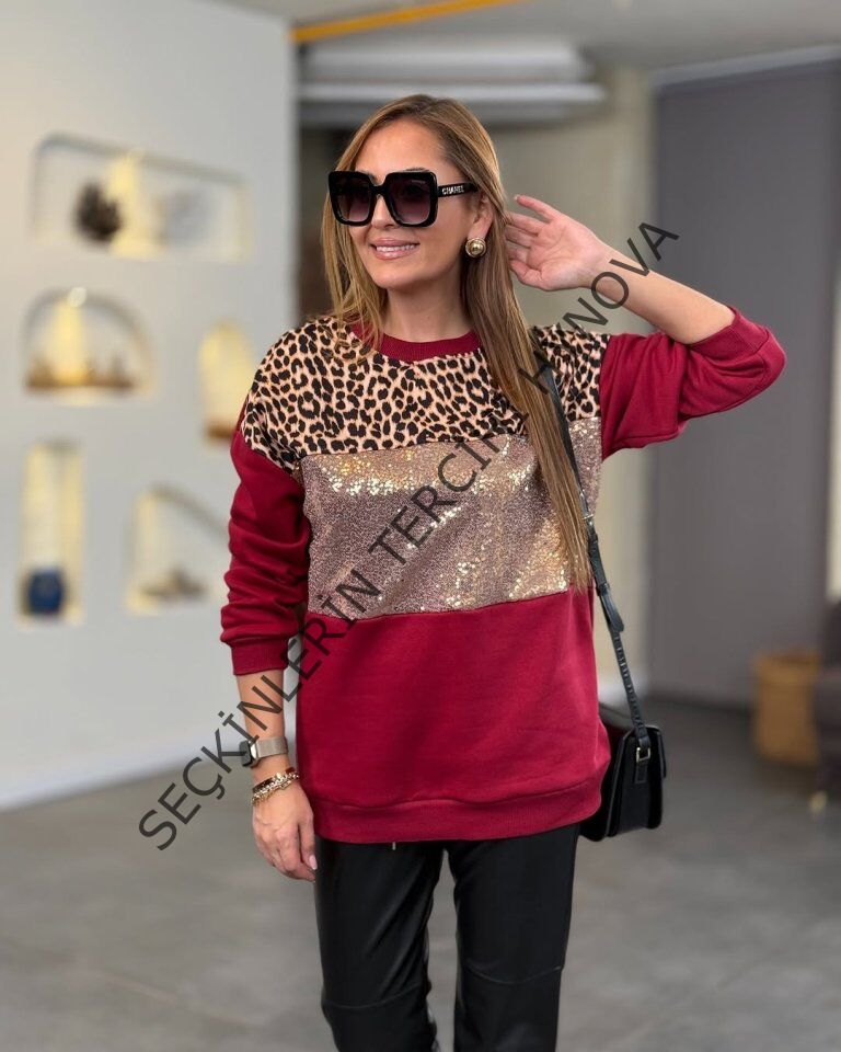 Kadın üç Iplik şardonlu Kumaş Leopar Desenli Bluz