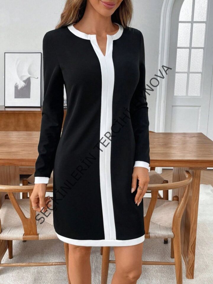 Kadın Uzun Kollu Yuvarlak V Yakalı şerit Detaylı Modal Mini Elbise