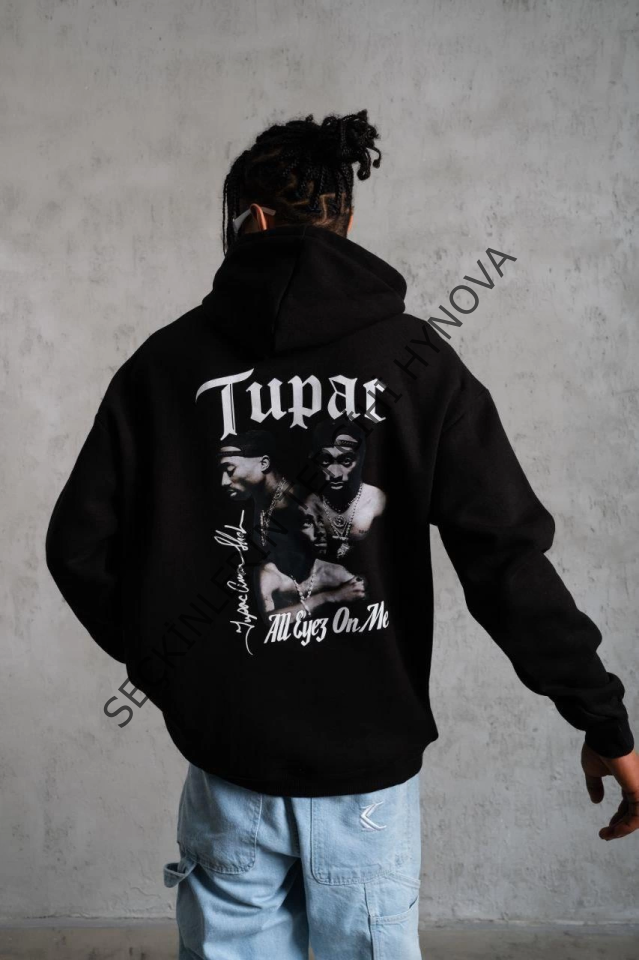 Erkek Oversize Üç İplik Kapüşonlu Sweat – Siyah Kol Ve Etek Ribana Detaylı, Ön Ve Sırt Baskılı, Kanguru Cepli Rahat Kalıp Model