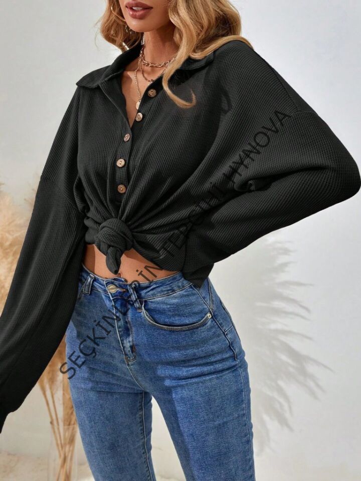 Kadın Uzun Kollu Yakalı Düğmeli Salaş Waffle Bluz