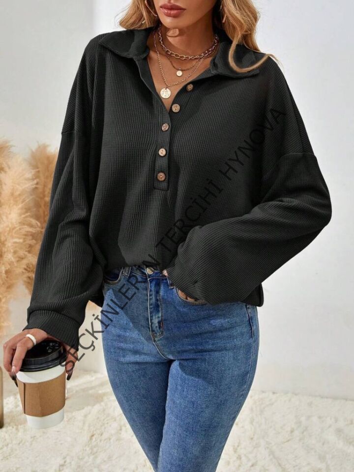 Kadın Uzun Kollu Yakalı Düğmeli Salaş Waffle Bluz