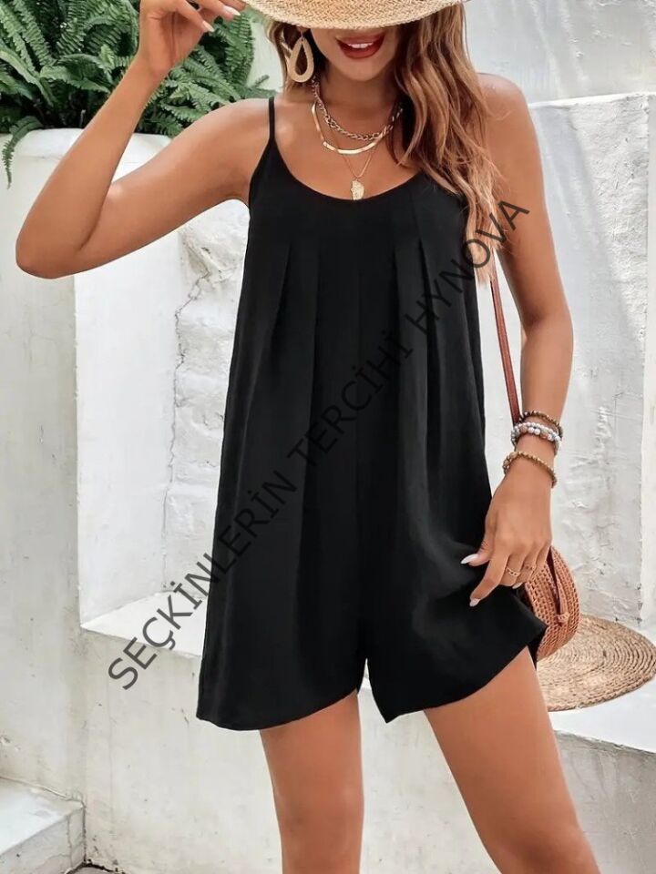 Kadın Ip Askılı Yuvarlak Yakalı Pileli Viskon Tulum