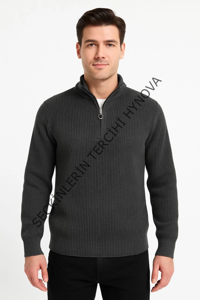 Erkek Yarım Fermuarlı Triko Kazak – Selanik Örgü, Dik Yaka, Pamuklu Dokuma, Regular Fit Uzun Kollu Kışlık Model - Füme