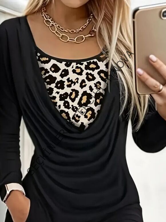 Kadın Uzun Kollu Degaje Yaka Leopar Detaylı Cepli Kısa Sandy Elbise