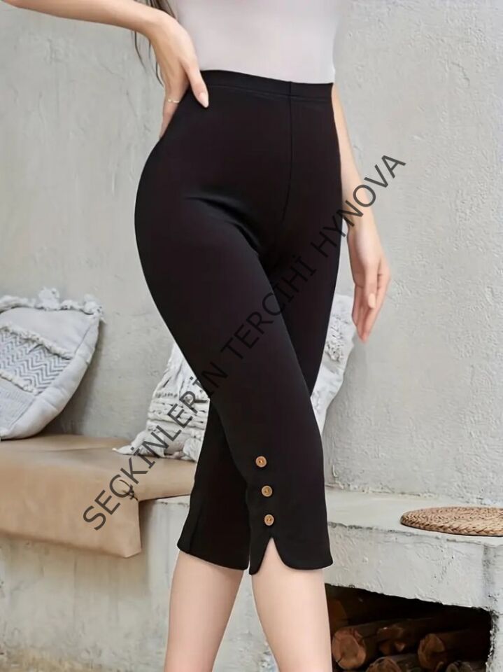 Kadın Yüksek Bel Yanlardan Düğmeli Kısa Ithal Krep Pantolon