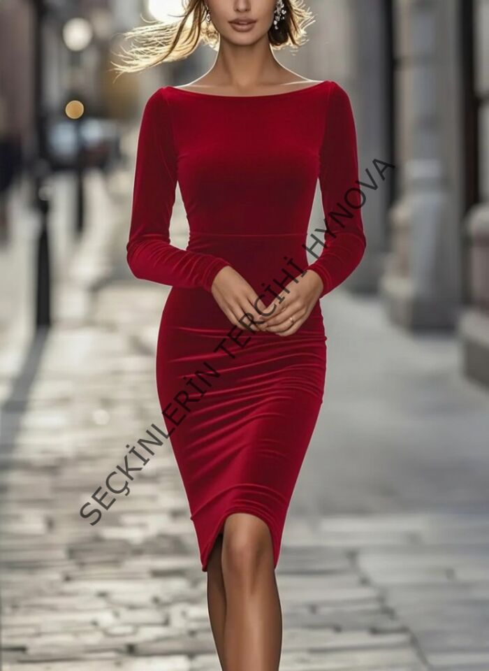Kadın Uzun Kollu Kayık Yaka Mini Kadife Elbise