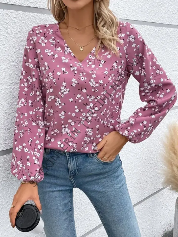 Kadın Uzun Kollu V Yakalı çiçek Desenli Modal Bluz