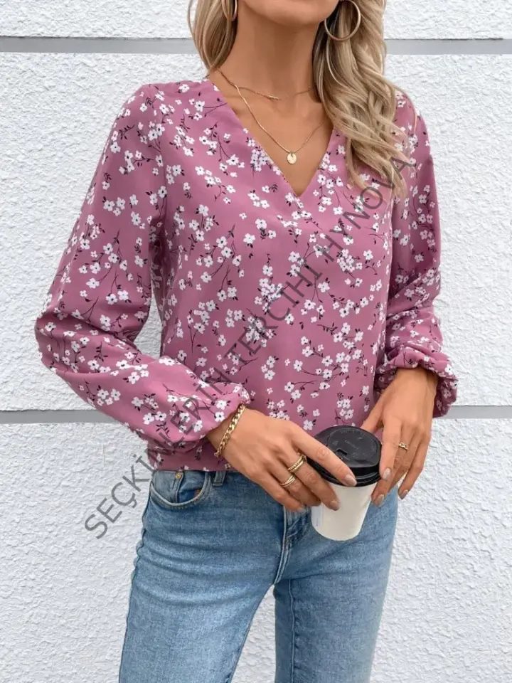 Kadın Uzun Kollu V Yakalı çiçek Desenli Modal Bluz
