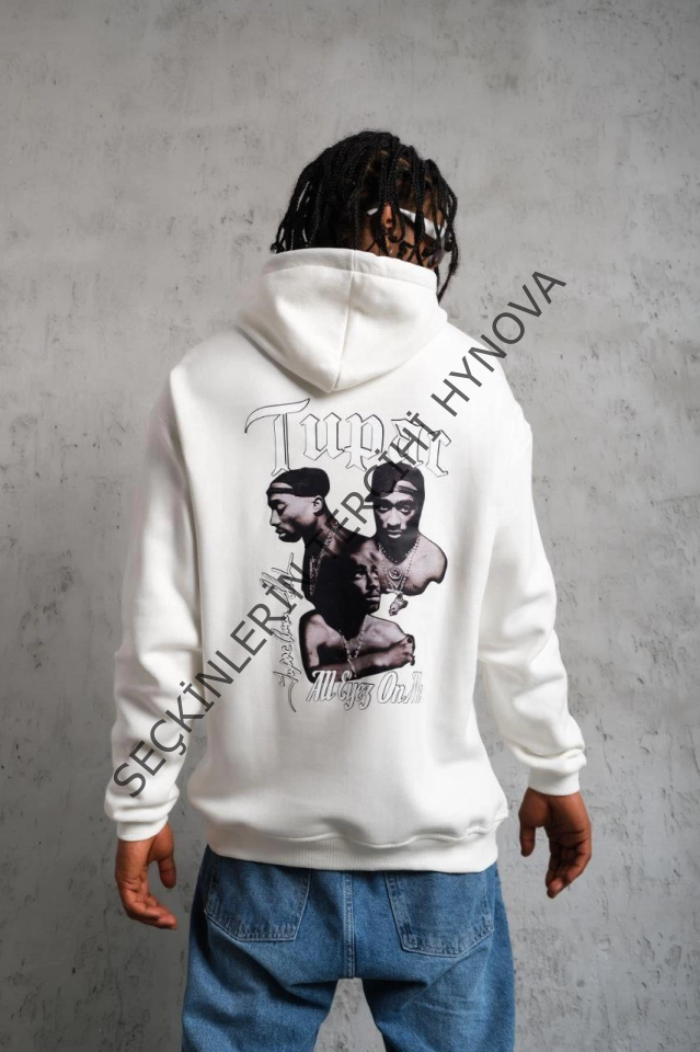 Erkek Oversize Üç İplik Kapüşonlu Sweat – Kol Ve Etek Ribana Detaylı, Ön Ve Sırt Baskılı, Kanguru Cepli Rahat Kalıp Model - Beyaz