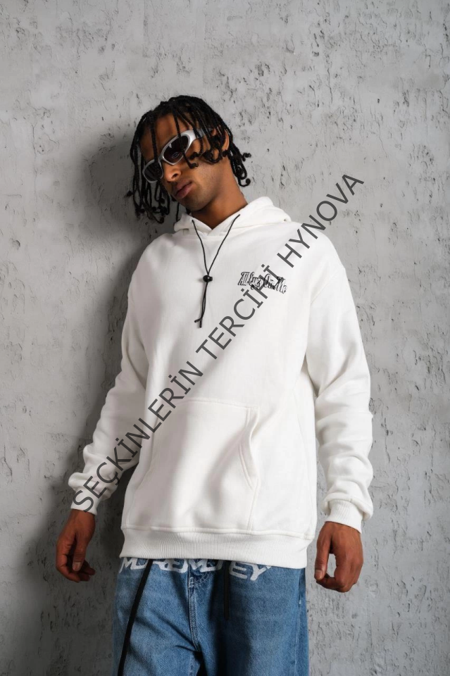 Erkek Oversize Üç İplik Kapüşonlu Sweat – Kol Ve Etek Ribana Detaylı, Ön Ve Sırt Baskılı, Kanguru Cepli Rahat Kalıp Model - Beyaz