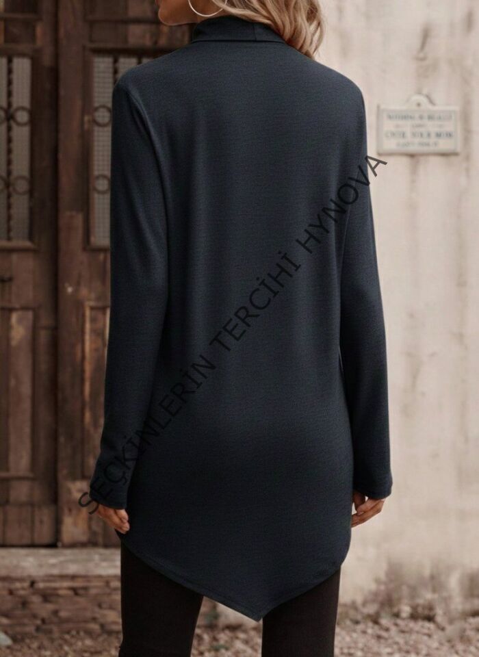 Kadın Uzun Kollu Balıkçı Yaka Asimetrik Kesim Detaylı Antrasit Yün Viskon Bluz