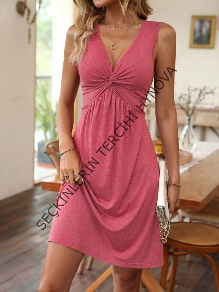 Kadın Askılı V Yakalı önü Düğüm Detaylı Viskon Elbise