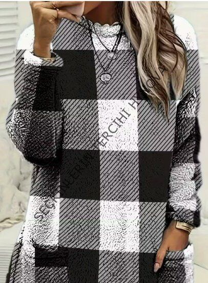 Kadın Uzun Kollu Yarı Balıkçı Yakalı Cep Detaylı Ekoseli Dokuma Tunik